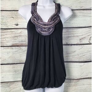 Daytrip Black Embellished Halter Top Size S Beaded Pleated Neckline Bubble Hem